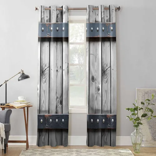 Vista 4 de Cortinas de ventana con ojales, cortinas de cocina, puerta de granero rústica con textura de grano de madera, 2 paneles de cortinas de tratamiento