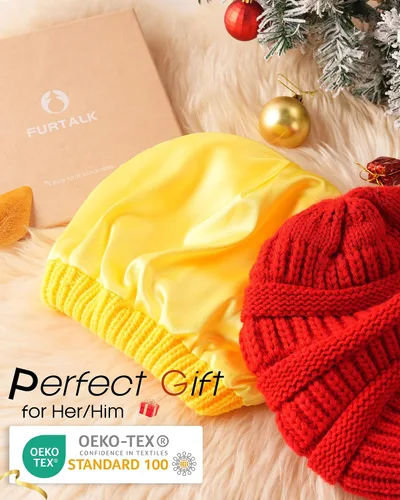 Vista 41 de FURTALK Gorro de invierno para mujer, con forro de satén, tejido trenzado, grueso, holgado, gorro cálido