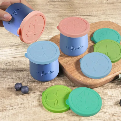 Vista 4 de La Fermiere Tapas para tarros de yogur, paquete de 8 fundas de silicona LFGB Platino, tapas de repuesto reutilizables de ajuste cómodo, aptas