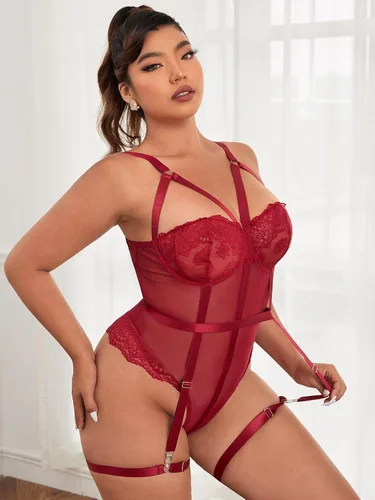 Vista 3 de OYOANGLE Conjunto de lencería de lencería para mujer, talla grande, con anillo, corte de malla transparente