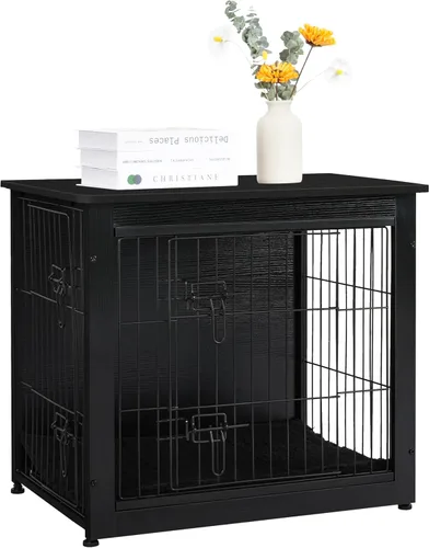 Vista 9 de DWANTON - Perrera con cojín, de madera, con puertas dobles, para interiores, S, M, L, 27.2 pulgadas de largo, negro