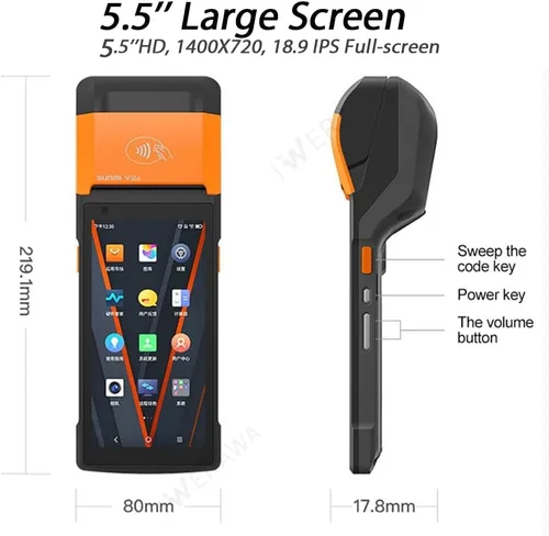 Vista 6 de Sunmi V2s Terminal POS con impresora de recibos, altavoz, cámara y escáner de código de barras todo en uno, impresora PDA portátil, sistema Android