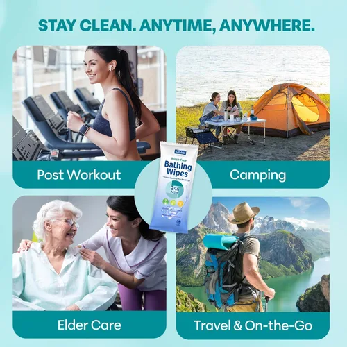 Vista 2 de Toallitas de baño XL de 9 x 9 pulgadas para adultos, sin enjuague, paño grueso y refrescante con aloe vera para camping, viajes, gimnasio y cuidado
