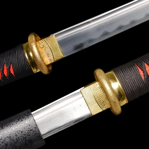 Vista 4 de Espada japonesa hecha a mano, negro/rojo-oro, soporte de exhibición