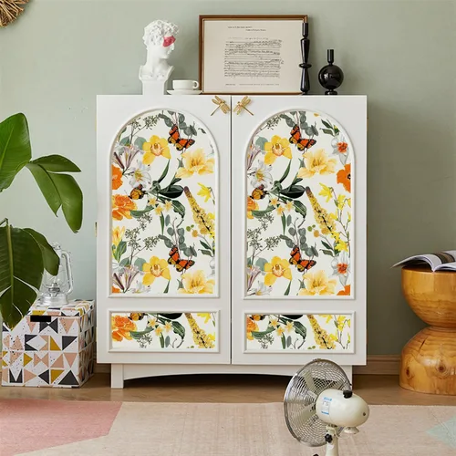 Vista 5 de Blooming Wall DPYC07 - Papel tapiz autoadhesivo con hojas de flores blancas y amarillas con mariposas, autoadhesivos, prepegados, decoración de pared