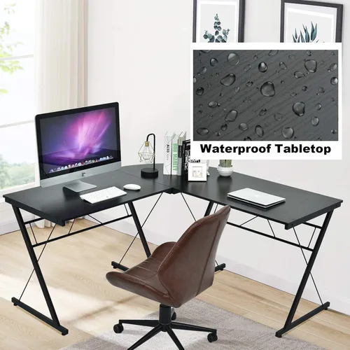 Vista 4 de Tangkula Escritorio en forma de L, escritorio de esquina para computadora, ahorro de espacio y multifuncional, escritorio de oficina en casa