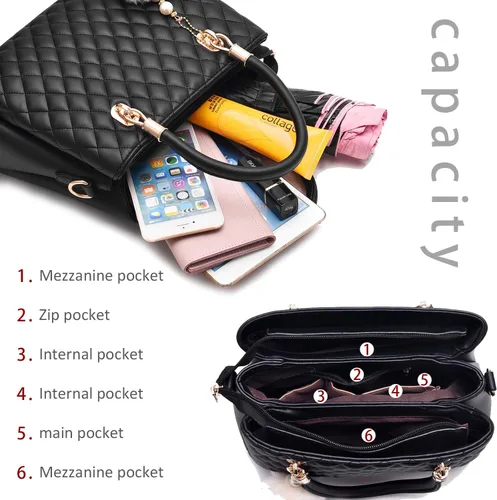 Vista 6 de Bolso de mano de cuero para mujer, bolso de hombro acolchado con asa superior para mujer con pompón
