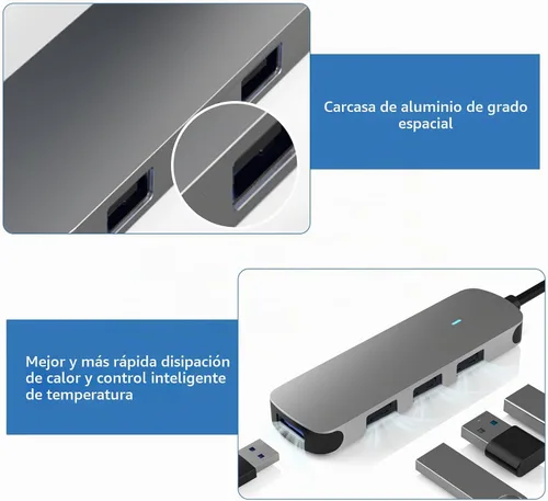 Vista 6 de Hub USB 4 puertos, adaptador portátil con divisor USB A 3.0 múltiple 2.0 para laptop, mini extensor USB Plug and Play para PC, unidad flash, disco