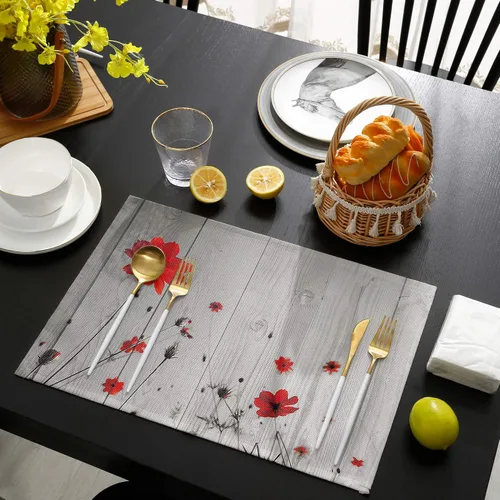 Vista 4 de Juego de 6 manteles individuales de flores de amapola roja para mesa de comedor, manteles individuales de lino de algodón gris rústico