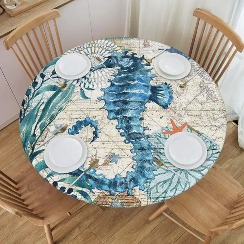 Vista 9 de Mantel ajustable con temática náutica con diseño de cangrejo, mapa de vida costero azul del océano, borde elástico, cubierta impermeable y lavable