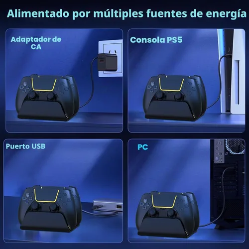 Vista 6 de Estación de carga para controlador PS5 con indicador LED, base de carga autoalineable, base de carga rápida de doble controlador, soporte de Negro