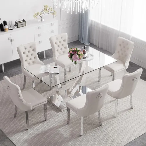 Vista 17 de Juego de mesa de comedor de cristal moderno de mediados de siglo para 4, 63 pulgadas, juego de comedor rectangular grande de lujo con parte superior
