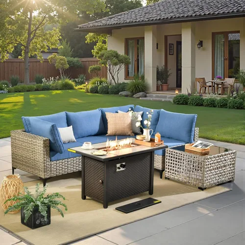 Vista 32 de ovios Muebles de patio de 8 piezas con hoguera, juego de conversación de mimbre de ratán para exteriores con mesa de centro brillante, cómodo sofá