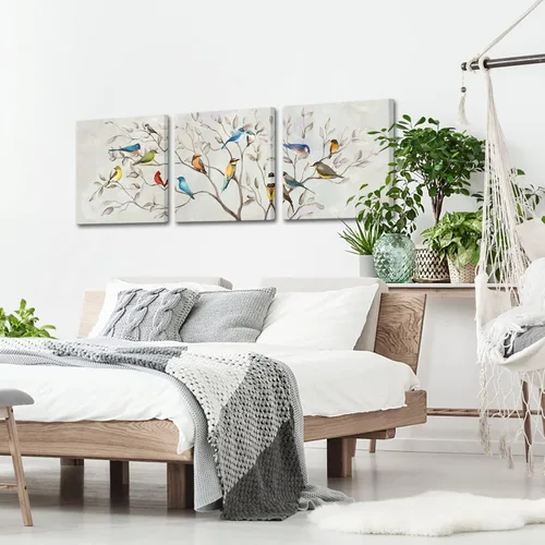 Vista 4 de KREATIVE ARTS Lienzo cuadrado de 3 piezas de arte de pared de pájaros en ramas de árbol, impreso en decoración contemporánea del hogar y dormitorio