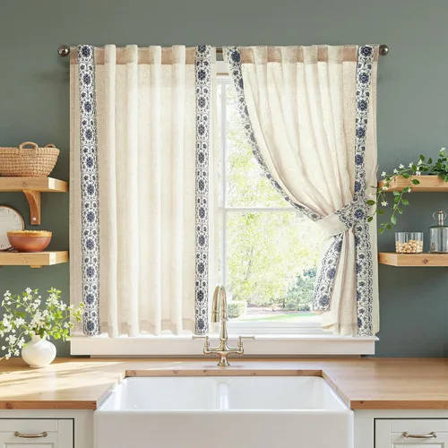 Vista 13 de jinchan Cortinas de lino floral beige para cocina, 24 pulgadas, 2 paneles A Beige