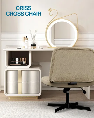 Vista 6 de VIRRMO Silla cruzada sin brazos, cómoda silla de oficina, silla de escritorio, silla de computadora, silla de tocador para dormitorio, sala de Marfil