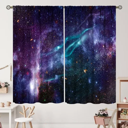 Vista 32 de Cortinas de planeta galaxia, espacio exterior, universo, nebulosa, estrellas, cielo estrellado, con bolsillo para cortinero, para sala de estar