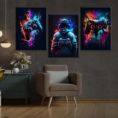 Vista 8 de 3 piezas de arte de pared de videojuegos geniales retro acuarela pósters cuadros coloridos neón gamepad lienzo pintura impresiones para habitación