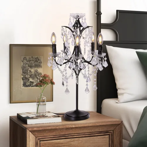Vista 3 de TOCHIC Lámpara de Mesa Tradicional de Granja con 5 Luces, Lámpara de Cristal Artesanal Negra de 30 Pulgadas de Altura para Sala de Estar, Sala