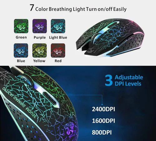 Vista 3 de TENMOS M2 - Mouse inalámbrico para juegos, mouse óptico USB silencioso recargable con luz LED de 7 colores, diseño ergonómico, 3 DPI ajustables