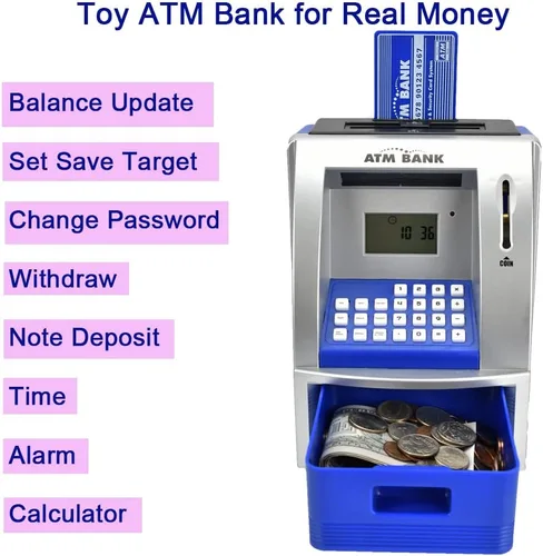 Vista 5 de Toy Talking ATM Bank - Caja de ahorros para niños, funciona como un depósito real, retiro, tarjeta de débito, objetivo de ahorro, temporizador y Azul