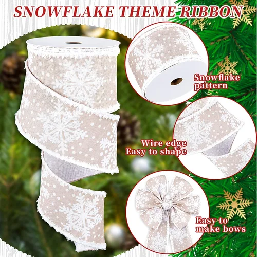 Vista 3 de Whaline Cinta de copo de nieve de Navidad con borde con alambre, cinta blanca de invierno de 2.5 pulgadas con rebabas, suave, rústica, natural