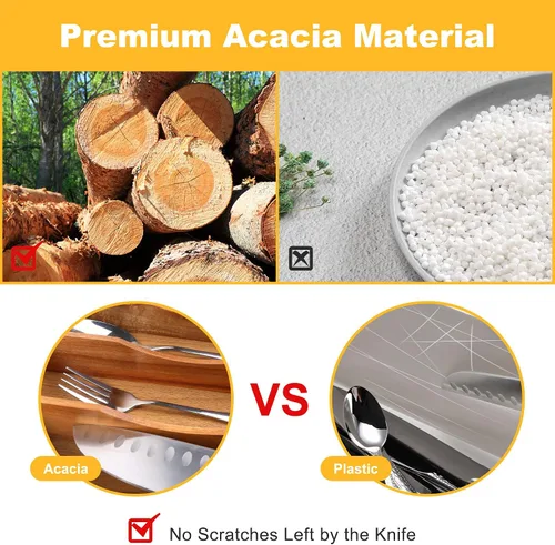 Vista 5 de Organizador de cubiertos de acacia de cocina, divisor de cajón ranurado extraprofundo, organizador de utensilios de 7 ranuras