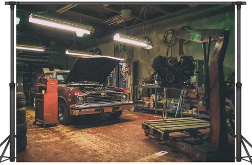 Vista 5 de Fondos de garaje antiguos para fotografía de 5 x 3 pies, fondos de reparación de automóviles temáticos para fiesta de fotos y accesorios de estudio