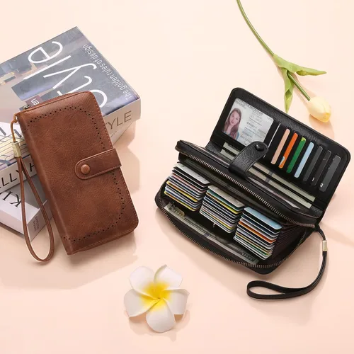 Vista 6 de GAEKEAO Leather Credit Card Holder Wallet for Women RFID Blocking Large Capacity Bifold Zipper Card Case Organizer with Wristlet 45 Slots