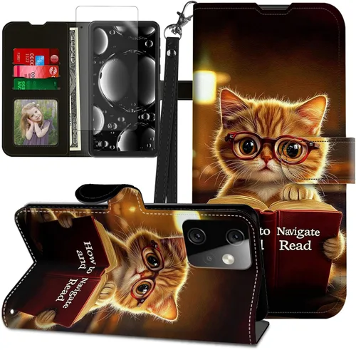 Vista 433 de Funda para Motorola Edge 2022 con protector de pantalla, soporte y tarjetero y correa para la muñeca, funda magnética para Moto Edge 2022 5G UW Lobo