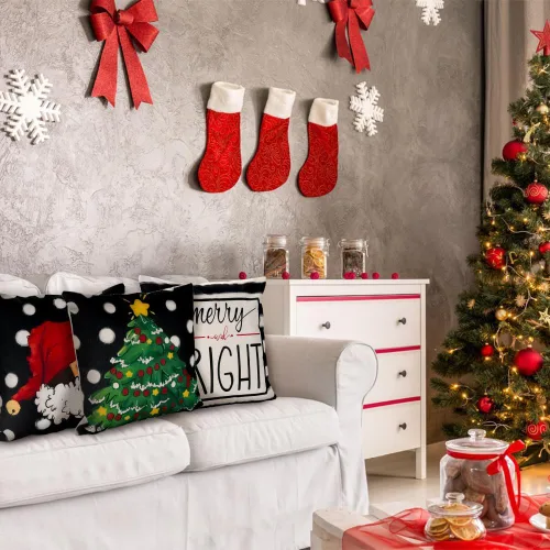 Vista 6 de DIYDEC - 4 fundas de almohada de Navidad de 18 x 18 pulgadas, fundas de almohada de invierno con diseño de árbol de Navidad, sombrero de árbol