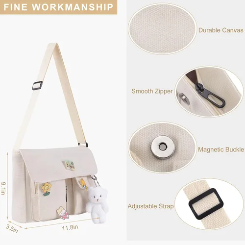 Vista 3 de Bolso cruzado de lona con alfileres Kawaii y colgante para mujeres y niñas, bolso de mensajero casual para estudiantes, mochila escolar