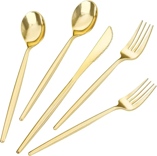 Vista 14 de LIYH - 102 cubiertos de plástico dorado desechables, utensilios de plástico Oro 102