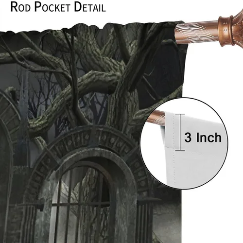 Vista 6 de Cortinas góticas con diseño de luna de Halloween, historia, puerta espeluznante, fondo de terror, vela, ficción, patrón de impresión, sala de estar
