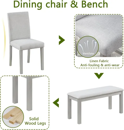 Vista 5 de LUMISOL - Juego de mesa de comedor de madera maciza con 4 sillas tapizadas y banco para cocina, comedor, sala de estar, gris plateado