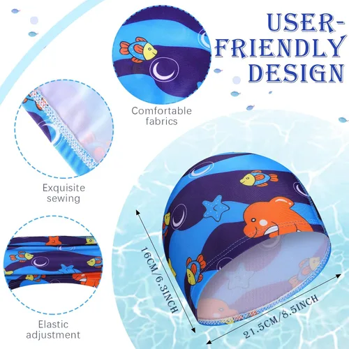 Vista 3 de Geyoga Gorros de natación para niños, 3 piezas, unisex, de poliéster, para piscina, gorra de verano para niños y niñas, pelo largo y corto
