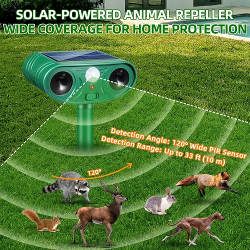 Vista 2 de Repelente solar ultrasónico de animales, dispositivos repelentes de ciervos con sensor de movimiento, gato, perro, coyote, mapache, ardilla, conejo