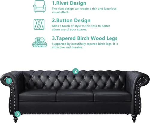 Vista 3 de QHITTY Sofá grande Accent, sofá Chesterfield de 3 plazas moderno de cuero, sofá tapizado con respaldo copetudo para muebles de sala de estar (negro)