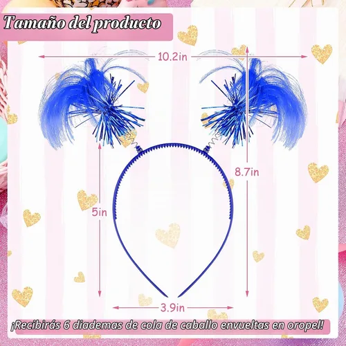 Vista 2 de WILLBOND 6 diademas con pompones envueltas en oropel, accesorios para el cabello para la semana del espíritu, carnaval, despedida de soltera Azul