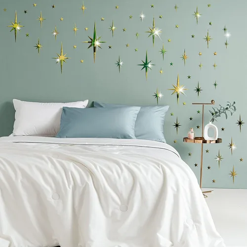 Vista 5 de Pegatinas de pared de espejo con estrella dorada, calcomanías acrílicas 3D removibles con estrellas adhesivas, espejo de estrella en explosión