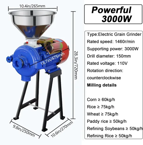 Vista 2 de Molino Eléctrico de Granos 3000W, Molino de Cereales Secos 110V con Embudo, Molino Eléctrico Comercial para Pienso Molino Seco, Molino de Arroz Maíz