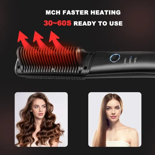Vista 3 de Cepillo alisador iónico para cabello lacio o rizado, peinado suave, ligero peine caliente revestimiento de cerámica de doble voltaje, herramientas
