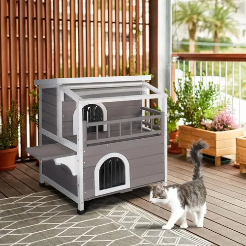 Vista 8 de Casa para gatos de 2 pisos con balcón grande, condominio interior para gatos al aire libre, hogar de madera para gatos