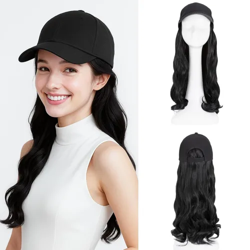 Vista 35 de SEGO - Peluca de gorra con pelo adjunto para mujer, gorra negra de béisbol con extensiones de pelo, gorra de béisbol larga y ondulada con ajuste