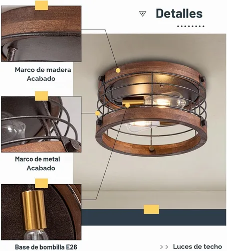 Vista 2 de Lámpara de Techo Empotrada Estilo Granja, 12.6 Pulgadas, Luminaria de Techo de Metal y Madera de 2 Luces, Lámpara de Techo Semi Tambor Rústico