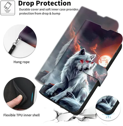 Vista 6 de Funda para Motorola Edge 2022 con protector de pantalla, soporte y tarjetero y correa para la muñeca, funda magnética para Moto Edge 2022 5G UW Lobo