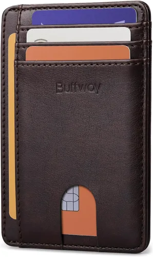 Vista 13 de Buffway - Carteras de cuero delgadas minimalistas con bolsillo frontal y bloqueo RFID para hombres y mujeres, negro (Alaska Black), Minimalista