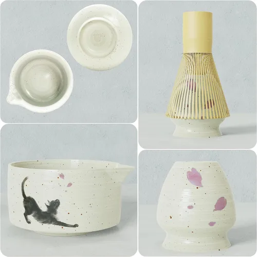 Vista 5 de Juego completo de 8 piezas de matcha – Kit de ceremonia de té matcha japonés con cuenco con estampado de gato, accesorios de bambú y herramientas