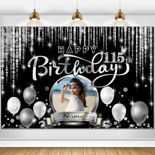 Vista 25 de Cartel de decoración de feliz cumpleaños número 100 personalizado - Personalización disponible - Negro y plateado - Tamaño grande - Admite fotos