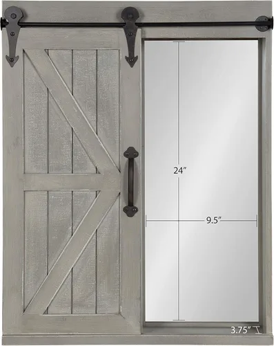 Vista 6 de Kate and Laurel Cates - Armario decorativo de madera para almacenamiento de pared con espejo rectangular y puerta corrediza de granero, 22 x 28 Gris